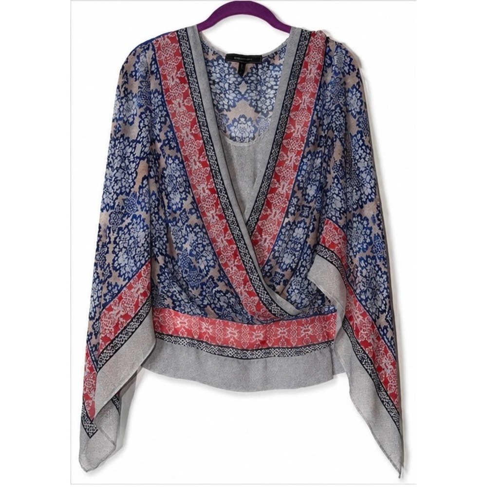 BCBGMAXAZRIA Womens S 100% Silk Medallion Print Wrap Blouse Blue Red Grey Small